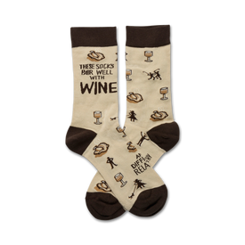 brown toe and heel socks with wine glass pattern and humorous saying about difficult relatives.  