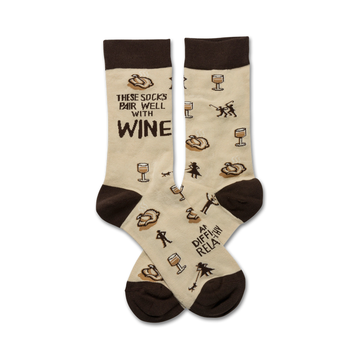 brown toe and heel socks with wine glass pattern and humorous saying about difficult relatives.   }}