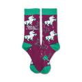 Pair of crew socks in purple and teal.  The socks feature white unicorns, stars, and the text 'Who's a special unicorn?'