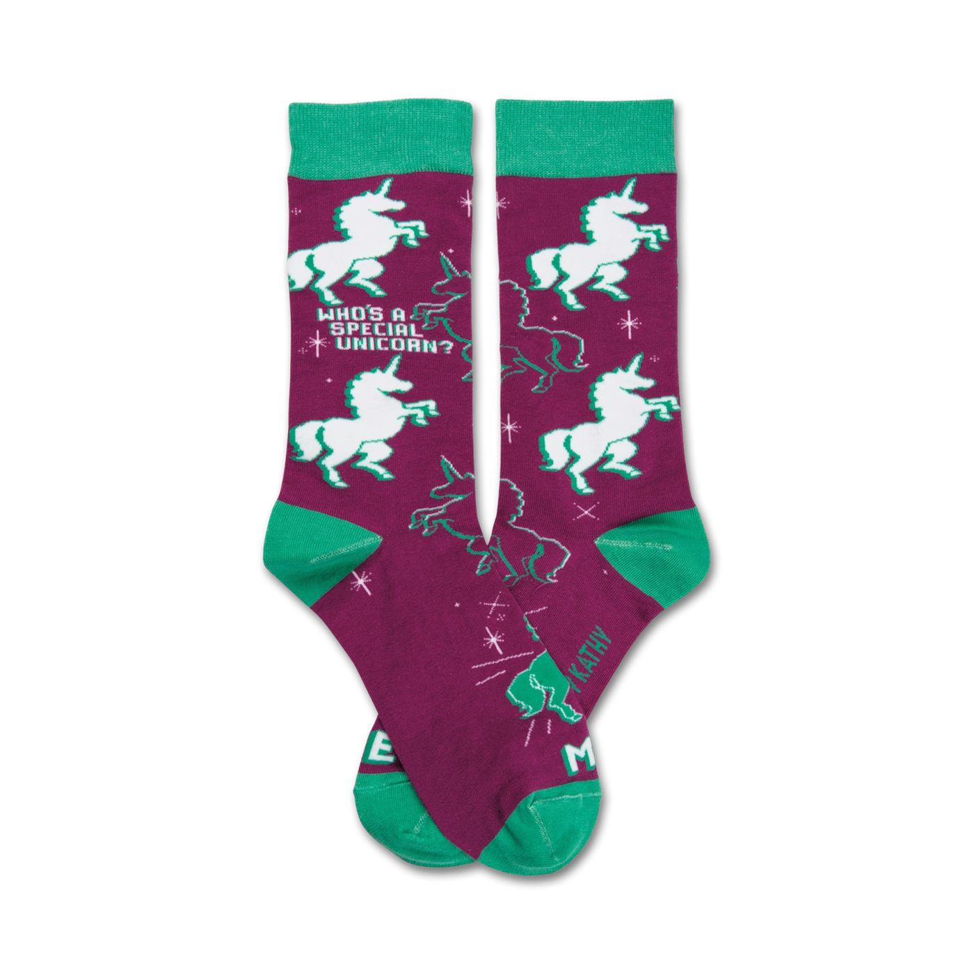Pair of crew socks in purple and teal.  The socks feature white unicorns, stars, and the text 'Who's a special unicorn?'