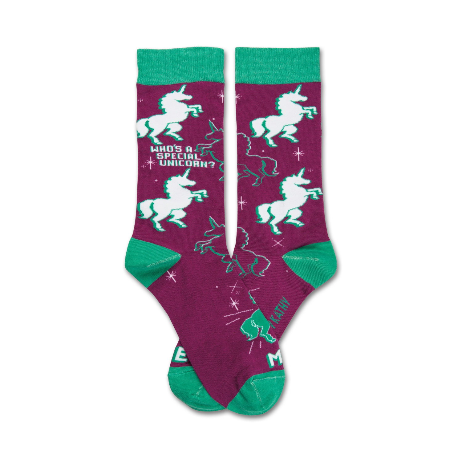 Pair of crew socks in purple and teal.  The socks feature white unicorns, stars, and the text 'Who's a special unicorn?'