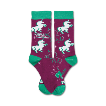  purple crew socks with green accents feature white unicorns prancing under the stars. "who's a special unicorn? me!"  