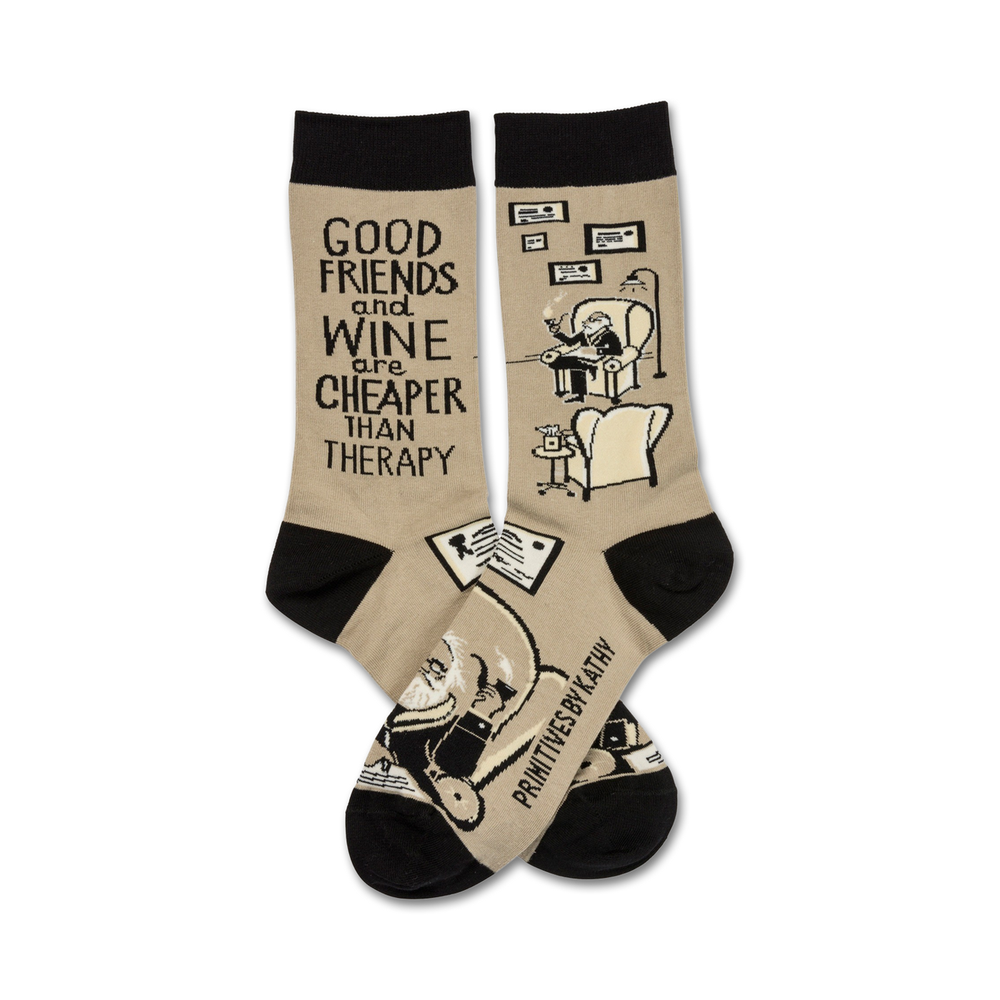 A pair of beige crew socks with black cuffs.  They feature a funny illustration of a man relaxing with wine and the text 'Good friends and wine are cheaper than therapy'.
