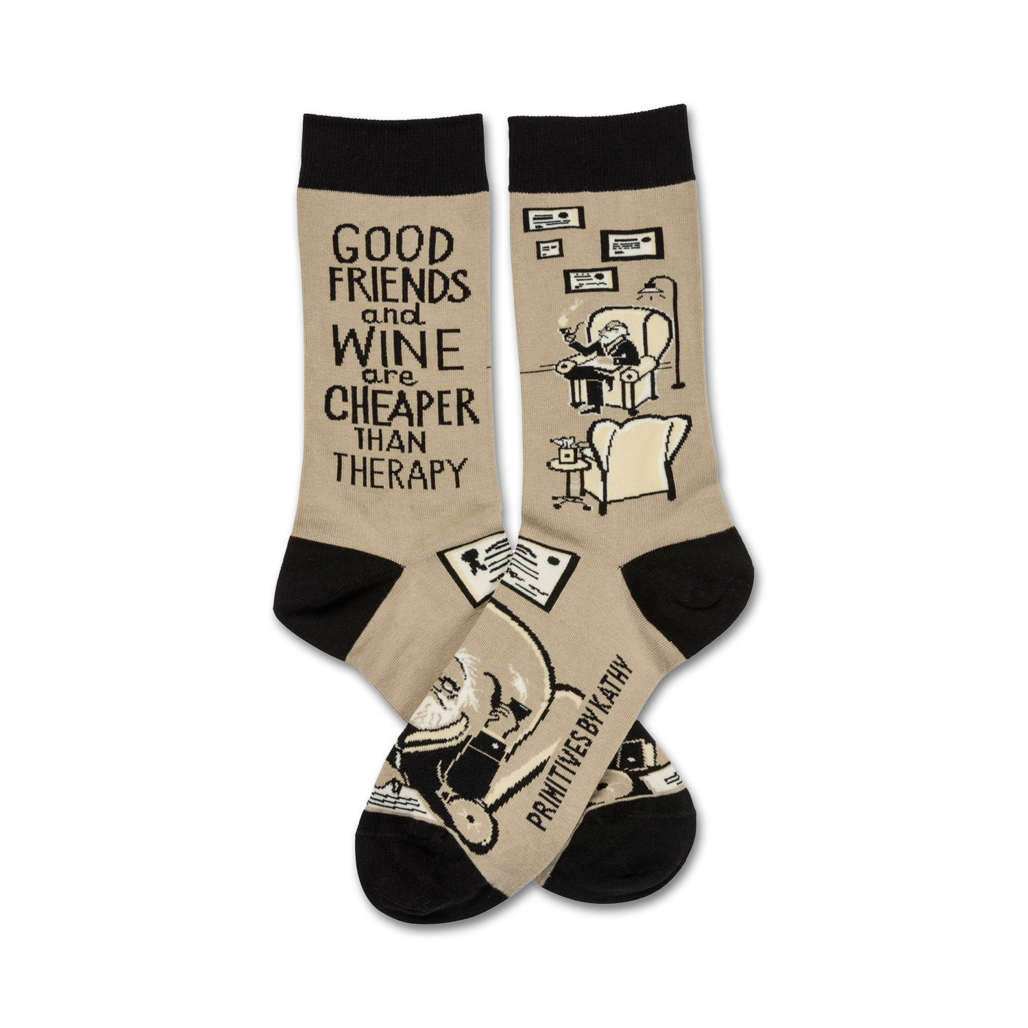 A pair of beige crew socks with black cuffs.  They feature a funny illustration of a man relaxing with wine and the text 'Good friends and wine are cheaper than therapy'.