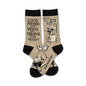 beige crew socks with black text and images depicting a person lounging with a wine glass. words include, "good friends and wine are cheaper than therapy".  