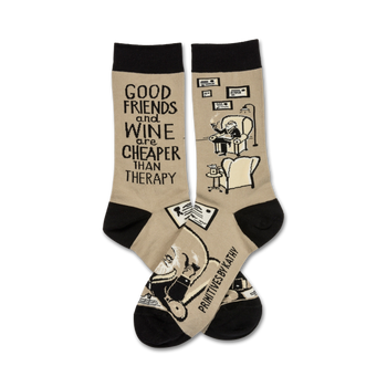 beige crew socks with black text and images depicting a person lounging with a wine glass. words include, "good friends and wine are cheaper than therapy".  