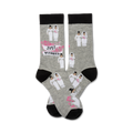 Pair of grey crew socks with black cuffs. Features repeating illustrations of two brides in wedding dresses and a 'Just Married' banner.
