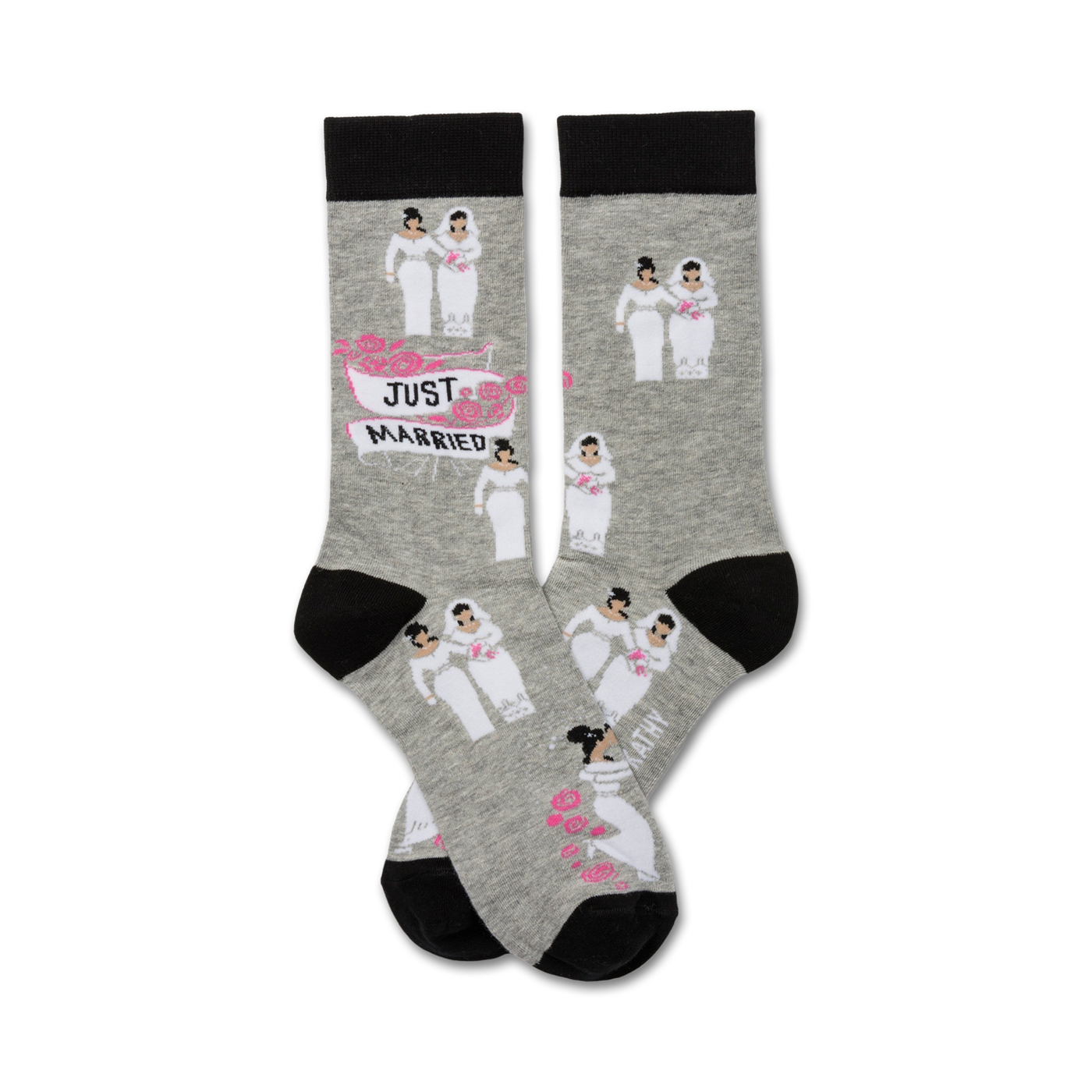 Pair of grey crew socks with black cuffs. Features repeating illustrations of two brides in wedding dresses and a 'Just Married' banner.