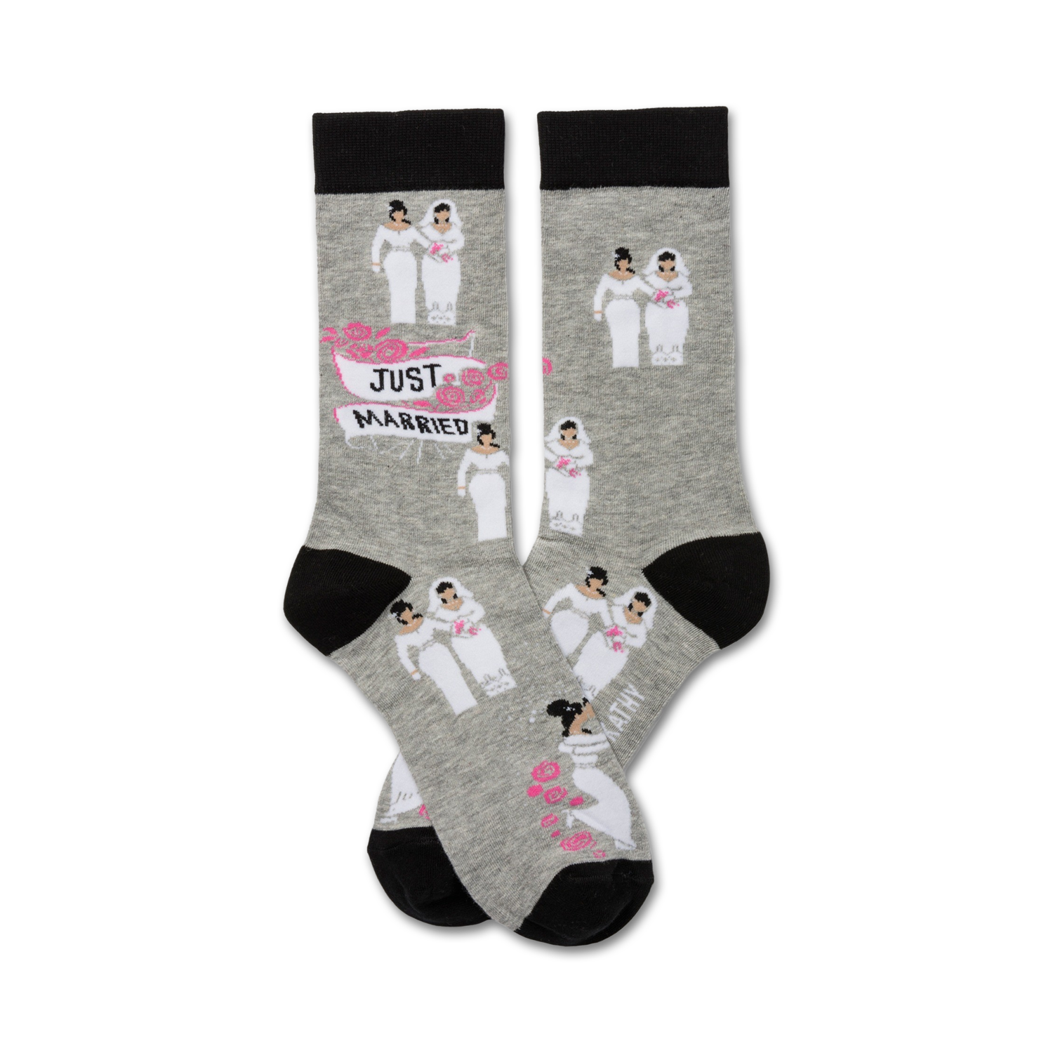 Pair of grey crew socks with black cuffs. Features repeating illustrations of two brides in wedding dresses and a 'Just Married' banner.