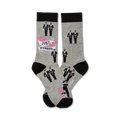 Two grey crew socks with black cuffs.  The socks show illustrations of two grooms in tuxedos, a 'Just Married' banner, and pink roses.