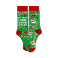 A pair of green crew socks with red cuffs. The socks are adorned with candy canes, brownies, and a funny Santa Claus design. The text 'These are my Ugly Christmas Socks' is featured.