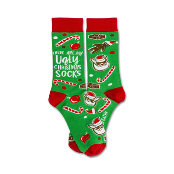   green and red christmas socks with white text "these are my ugly christmas socks." images include candy canes, presents, santa hats, and snowflakes.    