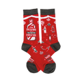 Crew socks in red with gray cuffs.  Design features white wine bottles, ornaments, and the text 'I'm dreaming of a White Christmas'.