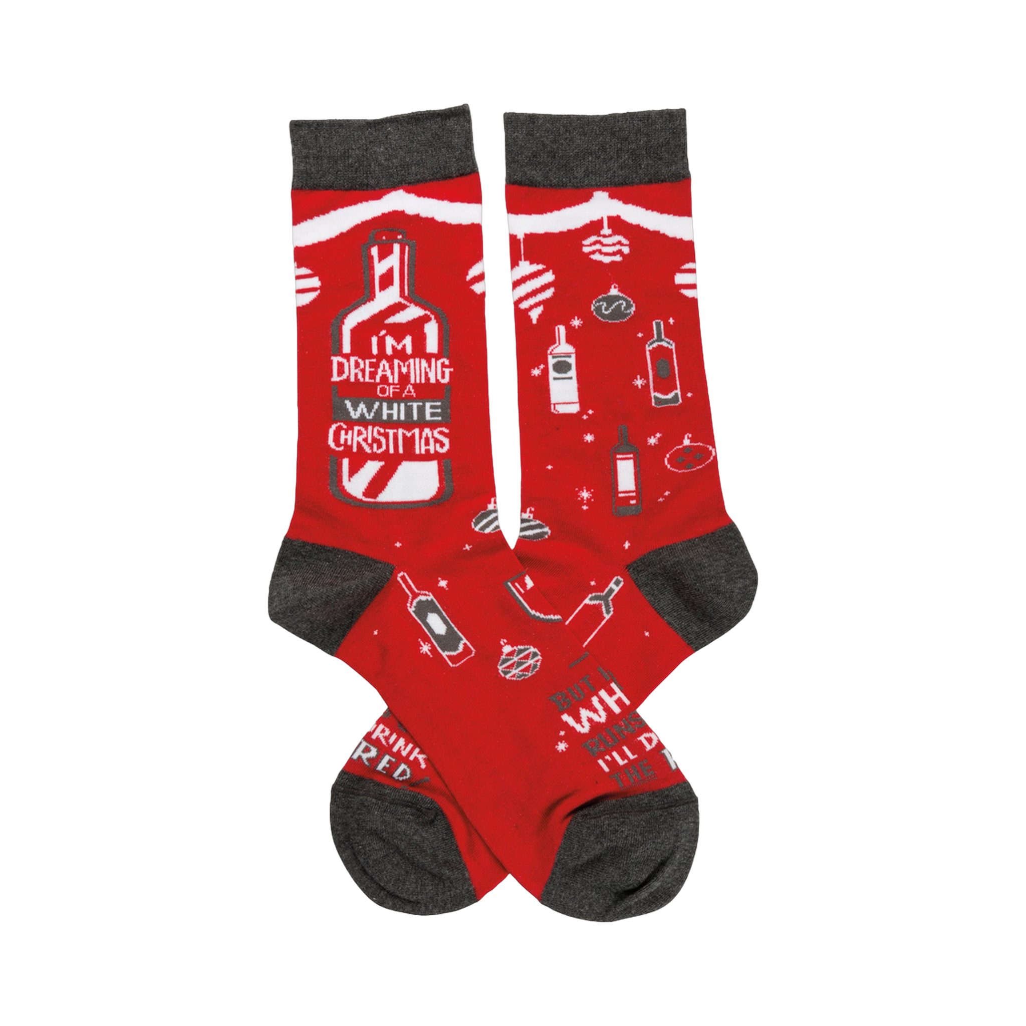Crew socks in red with gray cuffs.  Design features white wine bottles, ornaments, and the text 'I'm dreaming of a White Christmas'.