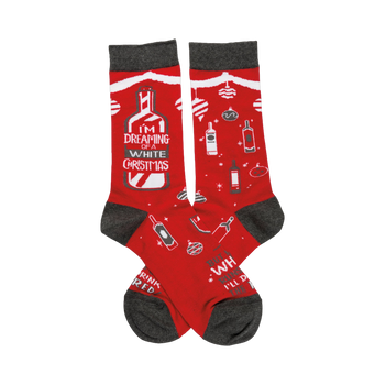 Crew socks in red with gray cuffs.  Design features white wine bottles, ornaments, and the text 'I'm dreaming of a White Christmas'.