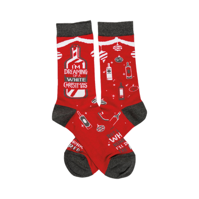 Crew socks in red with gray cuffs.  Design features white wine bottles, ornaments, and the text 'I'm dreaming of a White Christmas'.