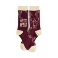 A pair of burgundy crew socks with a beige cuff and toe.  The socks feature a pattern of stick figures drinking wine and the text 'Friends don't let friends wine alone'.