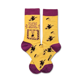  witch switch socks, yellow and purple, crew-length women's socks, embroidered "don't make me flip my witch switch" text, witchy wardrobe accessory, novelty socks.   