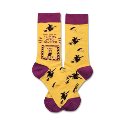  witch switch socks, yellow and purple, crew-length women's socks, embroidered "don't make me flip my witch switch" text, witchy wardrobe accessory, novelty socks.   