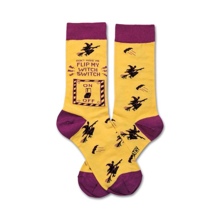  witch switch socks, yellow and purple, crew-length women's socks, embroidered 