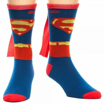 Crew socks in blue and red, featuring Superman's emblem and a red cape detail. 