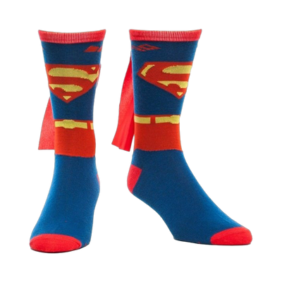 Crew socks in blue and red, featuring Superman's emblem and a red cape detail. 
