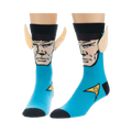 Crew socks in teal blue, featuring Spock's face and beige Vulcan ears.  Black accents and a gold Starfleet insignia are also present.