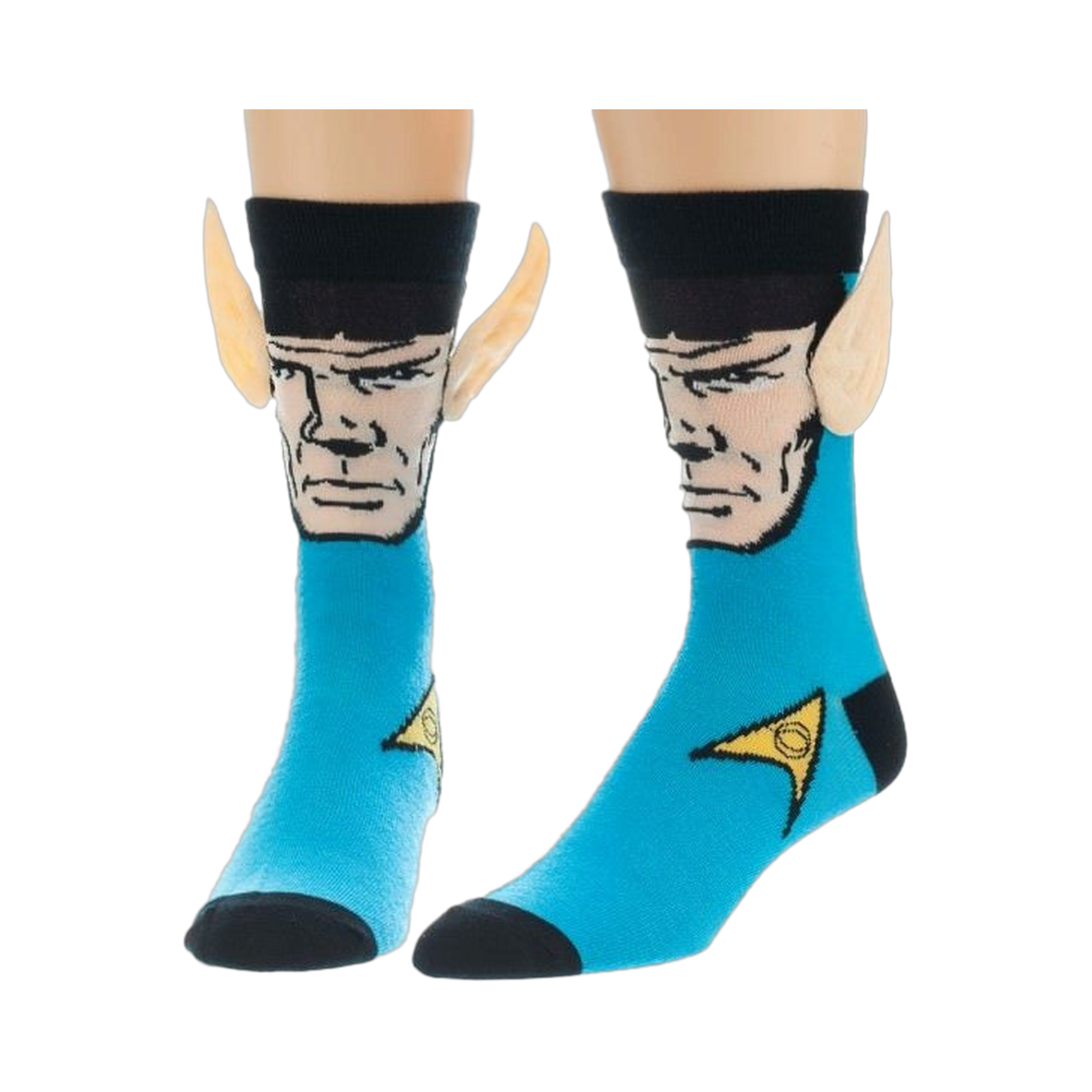 Crew socks in teal blue, featuring Spock's face and beige Vulcan ears.  Black accents and a gold Starfleet insignia are also present.