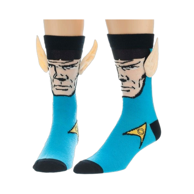 Crew socks in teal blue, featuring Spock's face and beige Vulcan ears.  Black accents and a gold Starfleet insignia are also present.