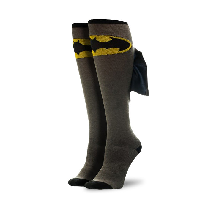 black and gray knee-high socks with yellow batman symbol and attached 3d cape. 