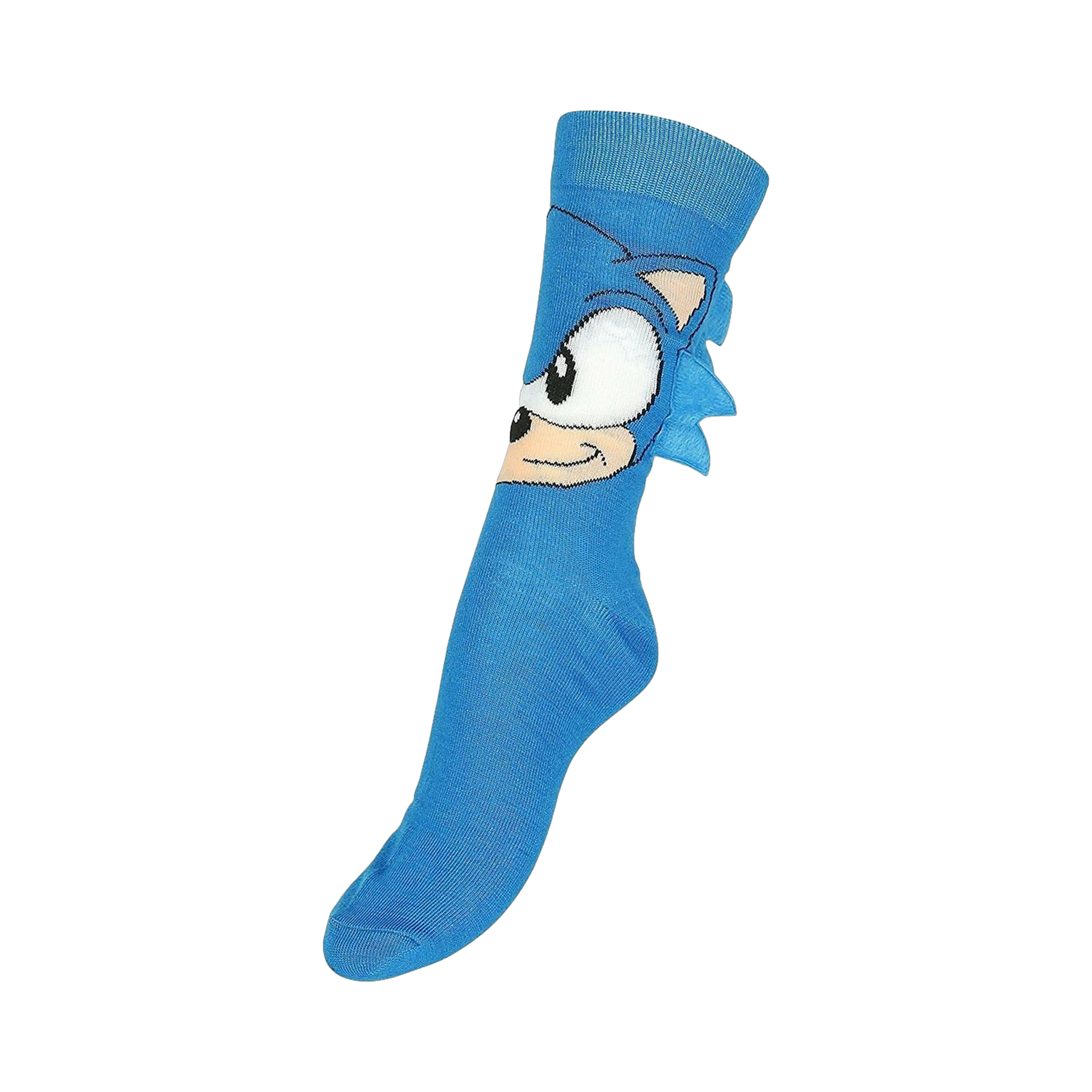 Side view of a blue Sonic the Hedgehog crew sock.