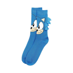 Pair of blue crew socks featuring a Sonic the Hedgehog face graphic with quills. 