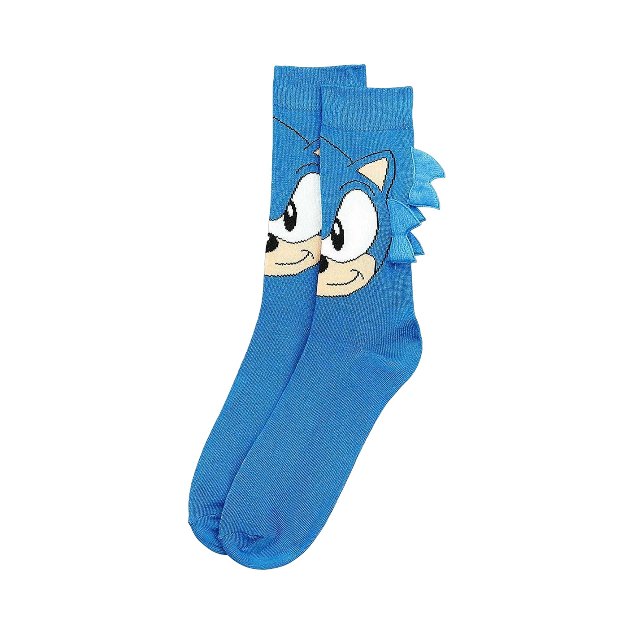 Pair of blue crew socks featuring a Sonic the Hedgehog face graphic with quills. 
