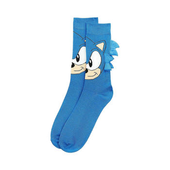 Pair of blue crew socks featuring a Sonic the Hedgehog face graphic with quills. 