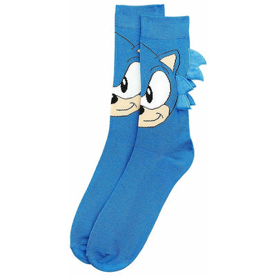 Pair of blue crew socks featuring a Sonic the Hedgehog face graphic with quills. 