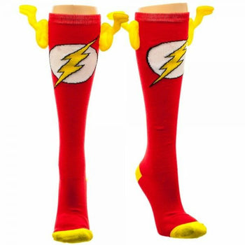 Pair of red knee-high socks with yellow accents.  The Flash logo is prominently displayed, and the cuffs have playful lightning bolt details.