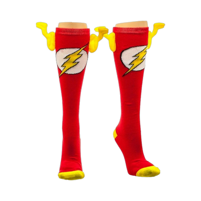 Pair of red knee-high socks with yellow accents.  The Flash logo is prominently displayed, and the cuffs have playful lightning bolt details.