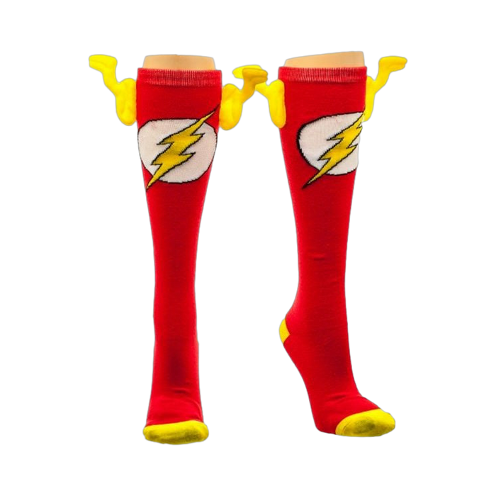 Pair of red knee-high socks with yellow accents.  The Flash logo is prominently displayed, and the cuffs have playful lightning bolt details. }}