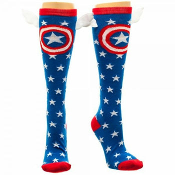 blue and white star knee high women's captain america inspired superhero socks.   