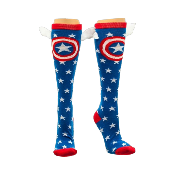 Knee-high socks in blue with white stars and Captain America's shield.  Red accents and small white wings add detail. }}