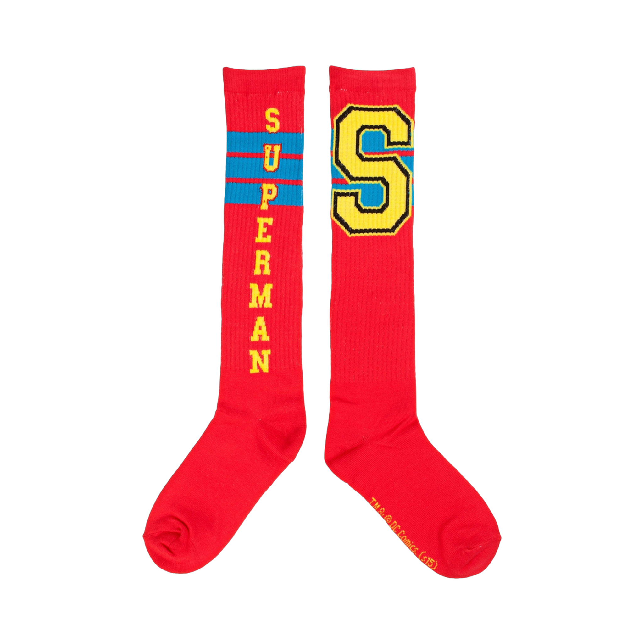 Pair of red knee-high socks. One sock displays 'SUPERMAN' vertically, the other a large yellow 'S' with blue trim. Both have thin blue stripes.