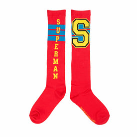 women's red knee-high superman varsity socks with yellow "s" logo and blue-and-yellow "superman" lettering.  