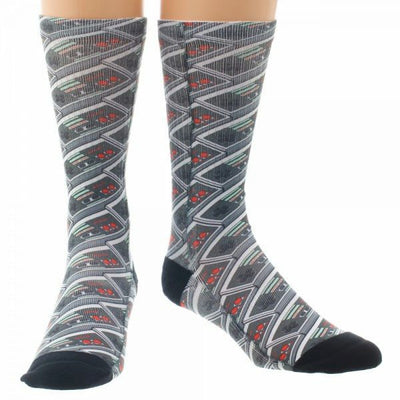 crew-length nintendo controller socks in gray with a repeating pattern of gray, black, and red controllers.  