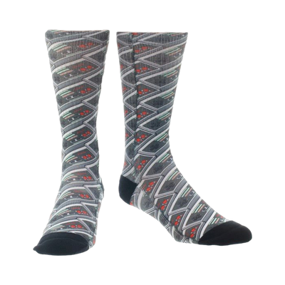 Crew socks in gray and red with a repeating pattern of Nintendo controllers. 