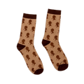 Tan crew socks featuring a repeating pattern of dark brown Sherlock Holmes silhouettes wearing deerstalker hats with pipes.