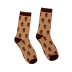 Tan crew socks featuring a repeating pattern of dark brown Sherlock Holmes silhouettes wearing deerstalker hats with pipes.
