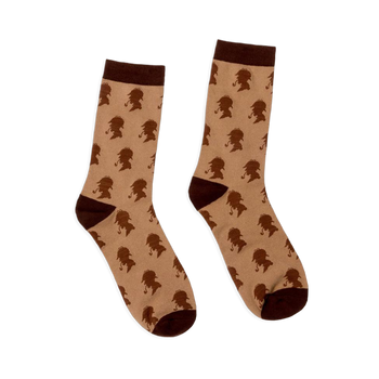 Tan crew socks featuring a repeating pattern of dark brown Sherlock Holmes silhouettes wearing deerstalker hats with pipes.