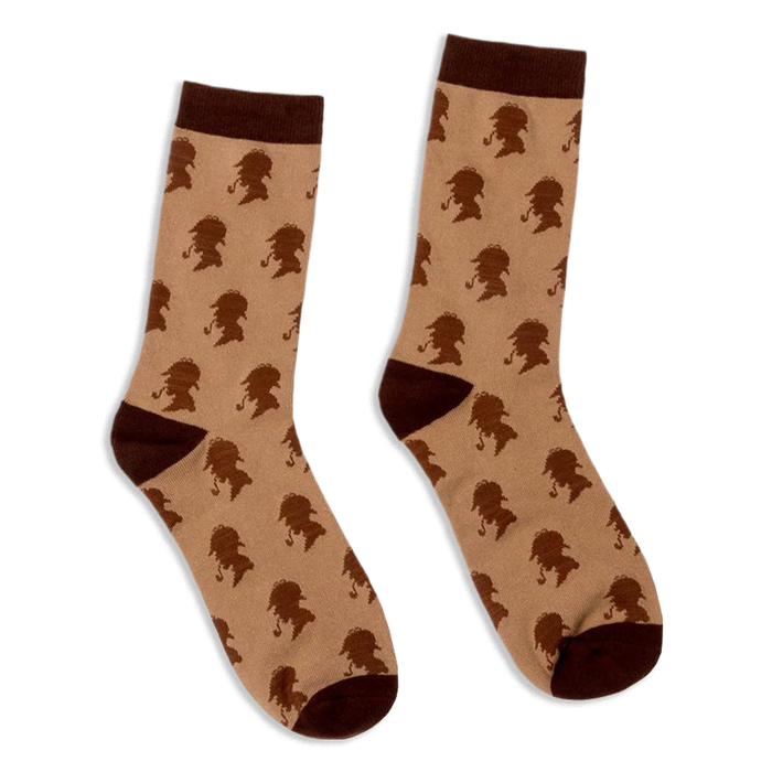 Tan crew socks featuring a repeating pattern of dark brown Sherlock Holmes silhouettes wearing deerstalker hats with pipes.