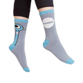 Close up of the sock ends showing the bright blue ribbed cuff, matching blue toe seam, heel block, and gray fabric.