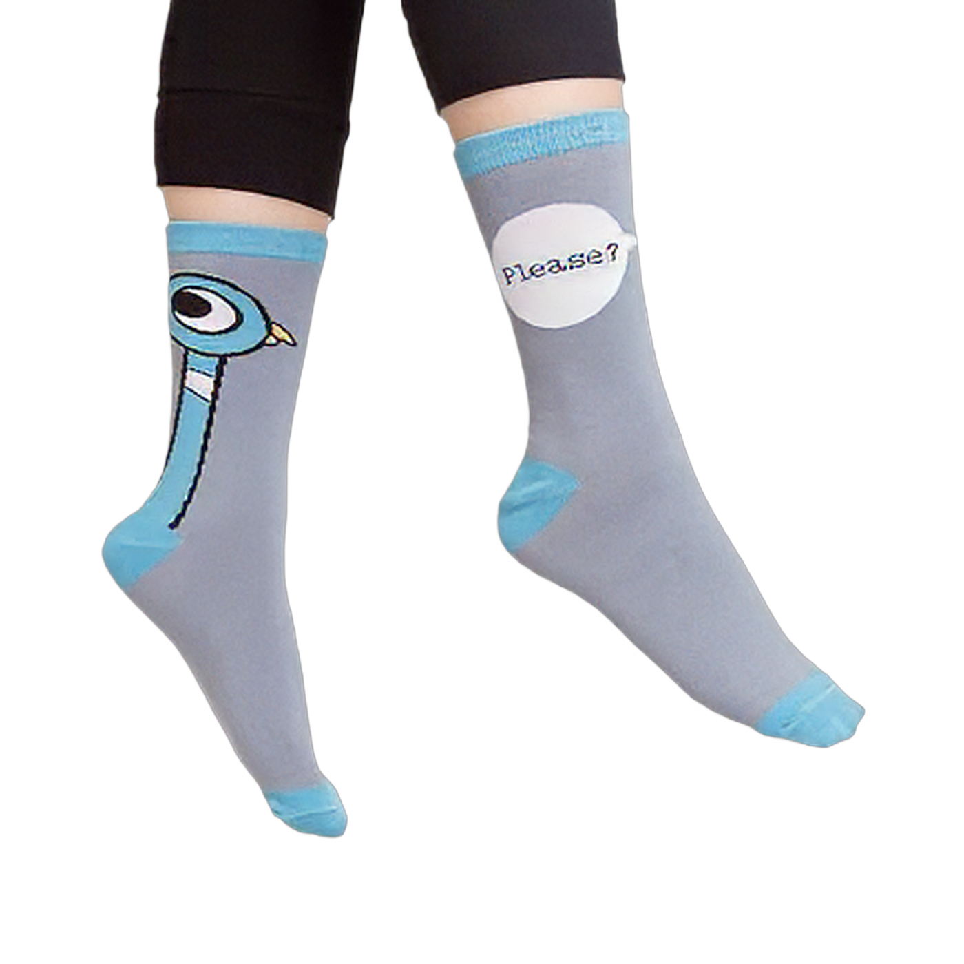 Close up of the sock ends showing the bright blue ribbed cuff, matching blue toe seam, heel block, and gray fabric.